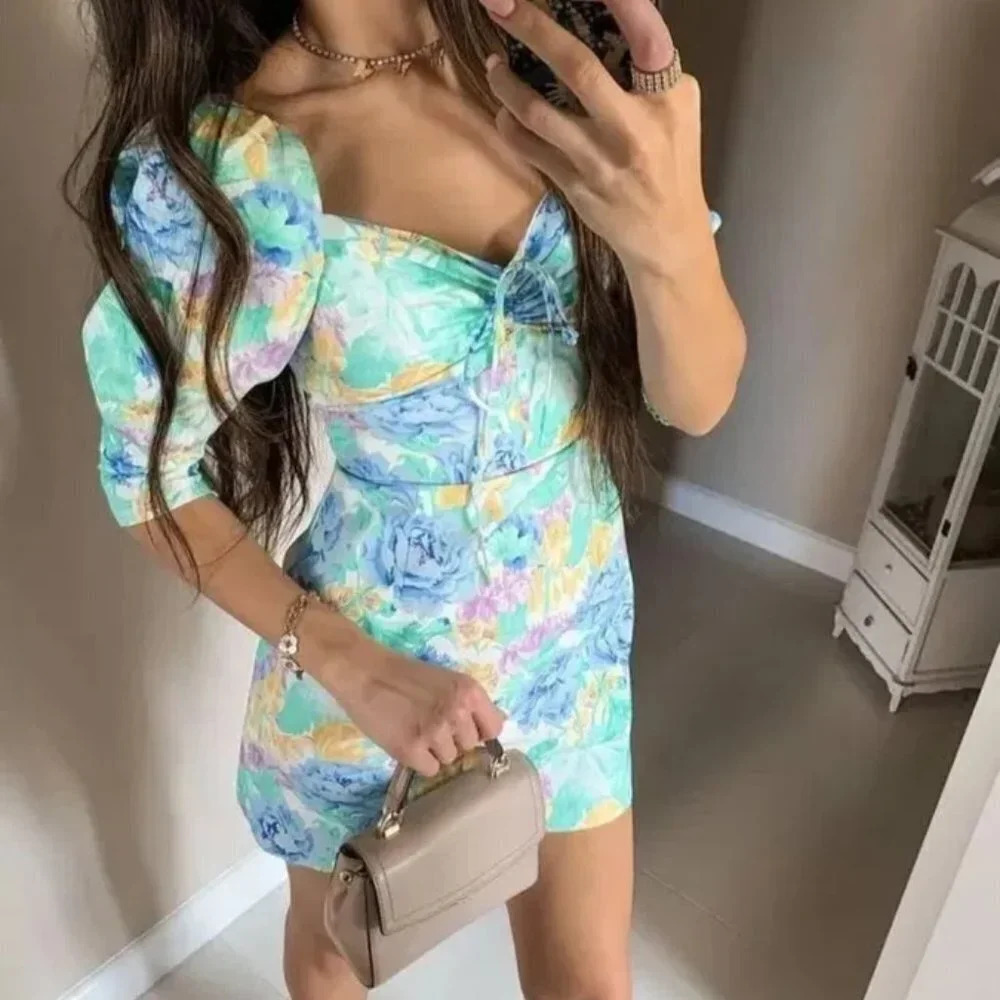 Zara Floral Poplin Sweetheart Mini Dress Blogger Fav Size Small - Picture 2 of 11